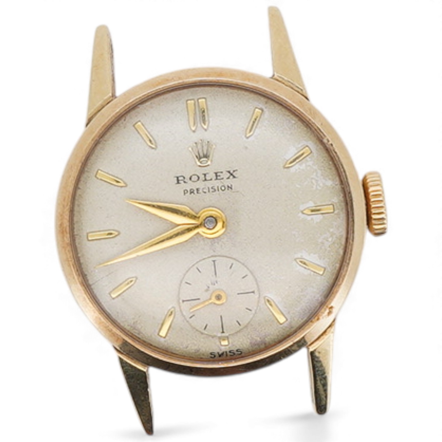 A lady's 10k yellow metal Rolex Precision manual wind wrist watch, with baton numerals and subsidiary seconds, case diameter 20mm, no strap, box or papers.